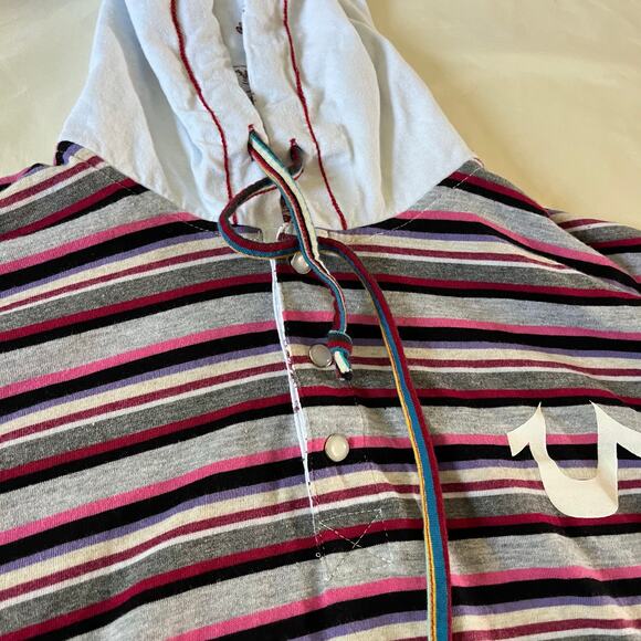 True Religion Buddha Logo Multi Color Stripe Hooded Shirt Sz L - Picture 2 of 10